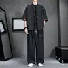 Conjunto de camisa de manga corta para hombre para verano, talla grande, estilo chino nuevo, cuello mao, traje Tang con botones, conjunto de camisa y pantalón transpirable de seda helada