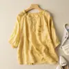 Camisa de algodón y lino de verano con volantes bordados en las mangas, corte holgado, efecto adelgazante, casual, ligera, estilo jersey