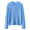 Novo suéter de tricô de cashmere feminino com gola redonda e botões, cardigã de abotoamento simples, top versátil de manga longa, feito com seda de amoreira