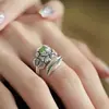 Anel Vintage Estilo Étnico Desgastado Cor Nacional Flor de Peônia para Mulheres, Anel Larga Versão Moda Única Estilo Antigo para Mulheres