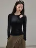 Camiseta elegante de manga longa com vazados 260g Eco-Silk para mulheres, nova tendência outono e inverno 2026, top slim fit