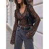 2025 AliExpress Primavera y Verano Nuevo Top de Moda de Cuello en V de Malla Leopardo Manga Larga Trompeta para Mujer
