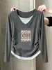 Camiseta de Algodón Puro de Manga Larga con Cuello en V, Estilo Falso Dos Piezas, para Mujer, Estilo Diseñador, Moderna, Versátil, Camiseta Base Negra, Principios de Otoño
