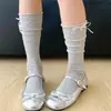 Calcetines de Pantorrilla con Rayas Verticales y Lazo de Cinta Estilo Ballet Jk para Mujer 2026 Verano Serie Miu Calcetines Lolita Caídos