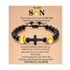 Pulsera de cuentas de fútbol con cruz estilo deportivo, pulsera ajustable tejida a mano con cuentas de piedra negra y balón, con cartón