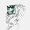 Especial Transfronteiriço Amazon para Anel Personalizado de Ágata de Grama Aquática Natural Feminino Conjunto de Prata S925 Anel Empilhável de Pedra Musgo Verde