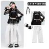 Fantasia de Dança Jazz para Meninas Top Cropped Preto e Branco Renda Conjunto de Roupa de Dança Jazz Street Dance Menina Fantasia de Performance 1º de Junho Feminino