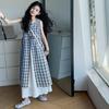 Conjunto de Blusa sem Manga Xadrez Estilo Coreano e Saia para Meninas, Novo Conjunto de Saia de Duas Peças Moda Verão para Crianças Maiores