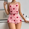 Conjunto de Pijama de Dos Piezas para Mujer con Estampado de Corazones de Fresa, Popular Transfronterizo, Adecuado para Usar Tanto en Interiores como en Exteriores