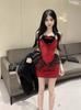 Design Sense Elegante Sexy Spice Sling Babados Princesa Natal Ano Novo Vestido Vermelho Veludo Vestido Feminino