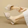 Pantuflas de Verano para Mujer con Bola de Pelo y Encaje, Punta Cerrada, Tacón Grueso, Tacón Bajo, Mocasines Deslizables Estilo Hada Franceses para Uso en Exteriores