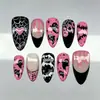 30 piezas de uñas postizas de Halloween color rosa dulce con diseño de fantasma y almendra, con exquisitos diseños de telaraña y corazón, estilo francés