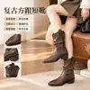 Botas de equitação de cano médio para usar com saias, Botas curtas Maillard emagrecedoras com salto grosso e bico fino, Botas de puxar empilhadas retrô