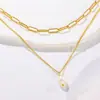 Colar francês elegante de pérolas de dupla camada banhado a ouro 18k, colar de aço titânio, presente feminino, atacado de fábrica