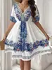 2026 Roupa Feminina de Comércio Exterior Estilo Europeu e Americano Plus Size Cruzada Estilo Palácio Estampado Cintura Marcada Emagrecedor Decote V Manga Lanterna Franzido Linha A