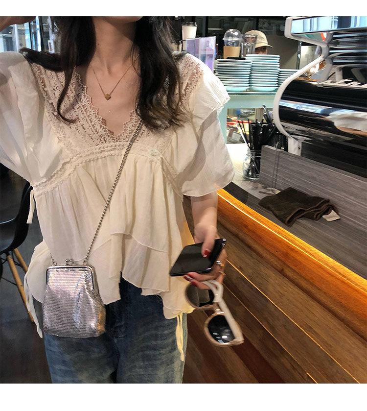 商品详情图_2024新款小仙女bi备荷叶边v领蕾丝上衣宽松短
