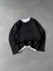 Camiseta Falsa de Dos Piezas con Parches Retro para Otoño, Corte Holgado, Cuello Henley, Dobladillo en Contraste, Top Básico Casual de Manga Larga