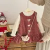 Conjunto de Falda a Cuadros Gruesa de Invierno, Navidad y Año Nuevo para Niñas Estilo Coreano, Nuevo Conjunto de Vestido Dulce con Lazo Saludo de Año Nuevo