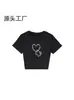 Camiseta Negra de Hombro Normal con Cuello Redondo y Manga Corta para Mujer, Nuevo Estilo de Verano con Estampado de Hello Kitty en Forma de Corazón, Top Versátil para Mujer