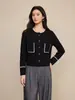 Cardigan de Tricô Clássico Nanyou de Tweed de Alta Qualidade com Costura em Cor Contrastante 2026 Outono Novo Suéter de Lã Elegante