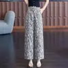 Pantalones Anchos Estampados de Nueve Puntos para Mujer, Estilo Delgado de Verano, Pantalones Rectos Casuales Sueltos de Cintura Alta Nuevos para Figuras Petites