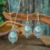 Turquesa Europea y Americana Diamante Retro Estilo Chino Flor Hueca Pendientes Collar Pendientes Set de Joyería Mujeres Suministro de Aliexpress