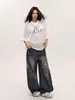 Camiseta de Malha com Estampa de Letras Estilo Americano, Decote V, Manga Curta para Mulheres, Blusa Curta Vazada de Verão, Peça para Cobrir Solta para Homens e Mulheres