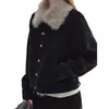 Otoño e Invierno 2026 Nuevo Estilo Ajustado Chaqueta con Solapa Estilo Coreano Negro Retro Cuello de Piel Abrigo Corto para Mujer