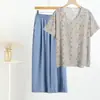 Camiseta Feminina de Algodão e Seda Calça de Algodão e Linho Verão Fresca e Rápida Floral Floral Algodão Seda Artificial Manga Curta Top Calça Cobertura
