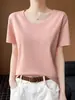 Estilo Novo Primavera e Verão 100% Algodão Penteado Gola U Manga Curta Camiseta Pulôver Feminina, Top Base Fresco e Leve