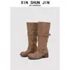 Botas de apilamiento con hebilla estilo Zhang Yuanying para mujer, tacón grueso, retro, desgastadas, de media pantorrilla, estilo caballero, botas de trabajo nicho
