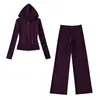 Traje Deportivo Cálido de Yoga Derong Conjunto de Dos Piezas Otoño e Invierno Nuevo Versátil Ajustado Sudadera Chaqueta Pantalones Rectos de Pierna Ancha