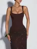 Vestido largo con tirante de lentejuelas tipo corsé de espina de pescado, escote cuadrado, amarre en la espalda, entallado a la cintura, ajustado al cuerpo, largo, formal, de noche