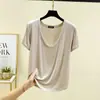 Nova Camiseta Modal de Manga Curta para Mulheres, Primavera/Verão, Branca, Decote U Amplo, Seda de Gelo, Caimento Solto, Top Emagrecedor, Camiseta Básica, Roupa de Casa