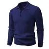 Suéter Masculino de Tricô com Listras Verticais e Gola Polo para Outono, Pulôver Casual de Manga Longa, Suéter Henley Liso