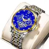 Reloj de Cuarzo para Hombre con Correa de Acero Chapado en Oro, Estilo Mecánico Calado, Marcadores de Diamante Romanos, Cronógrafo Multifunción y Calendario