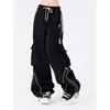 Calça Jogger Preta com Cordão Perna Larga Solta Casual Workwear Bolso com Aba Calça de Moletom Feminina Tendência Primavera Hip-Hop Comprimento Total