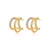 Pendientes coreanos Dongdaemun de estilo minimalista, simples y compactos, Aros dorados elegantes y únicos de tres círculos con incrustaciones de diamantes por un lado