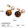 Brincos de Moda Leve Luxo Estilo Maillard Banhados a Ouro 18K com Pingente de Pérola Natural e Pedra Olho de Tigre, Nova Coleção Outono e Inverno
