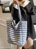 Bolsa de Lona Listrada 2024 Novo Estilo Coreano Ins Tote Casual Bolsa de Ombro Grande Capacidade Bolsa Tote Sacola de Compras