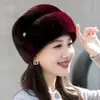 Sombrero de Felpa de Piel de Conejo Pequeño para Mujer, Moda Otoño e Invierno Impermeable de Piel de Visón Sombrero de Madre, Turbante de Piel Sintética, Boina Cálida