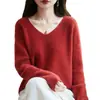 Suéter pullover sin costuras de cuello en V con rayas horizontales integradas, estilo casual, jacquard, lana pura, tejido para mujer 10