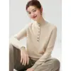 Suéter de Cachemira 100% Estilo Sencillo para Mujer con Cuello Alto, Botones, Manga Larga, Suéter de Punto Suave y Cálido para Capa Base