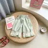 Calças cropped populares para meninas, estilo coreano xadrez, poá, floral de cereja, com acabamento em renda, calças casuais, roupas fofas para crianças