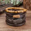 Pulsera de Cuero de Vaca de Múltiples Capas con Cuentas de Madera Alas de Ángel Retro Cuerda de Cuero Trenzada Unisex Versátil Moderna