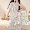 Pijama Popular Transfronterizo de Cuello en V para Mujer, Conjunto de Tres Piezas de Algodón Nube, Shorts de Manga Corta de Verano, Pantalones, Conjunto de Ropa de Casa de Dibujos Animados