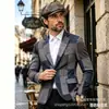Terno masculino estilo retro europeu e americano com retalhos irregulares, apresentando padrão espinha de peixe, design de um botão e corte slim, disponível em tamanhos europeus