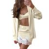 Conjunto de Pijama Feminino Três Peças Outono e Inverno Novo Cetim com Renda Longa Saia Curta Roupas de Casa Europeias e Americanas