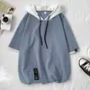 Sudadera con capucha de manga corta para hombre, top de estilo japonés de moda para verano, corte holgado, camiseta de manga media, ropa tipo camiseta