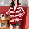 Cardigan de Punto Rayado Nuevo 2025 Talla Grande para Mujer Primavera y Otoño Holgado Estilo Perezoso Cuello en V Botones de Color Suéter Chaqueta de Manga Larga